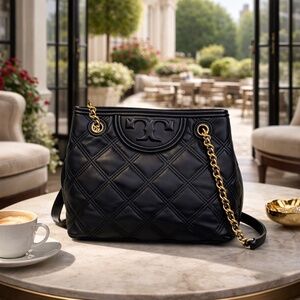NEW Tory Burch Soft Fleming Black Quilted Leather Chain Strap Shoulder Tote Bag